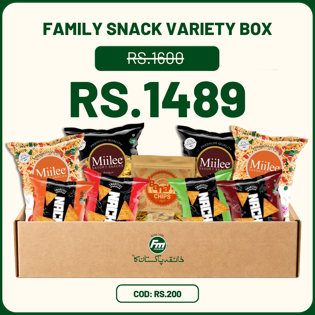 family snack variety box with nimco bhujia nachos and banana chips