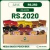 “Enjoy a mega family snack pouch with potato slims, dal moth, dal moong, aloo bhujia, mix nimco, papdi & bhel puri – perfect for chai time and family fun!”