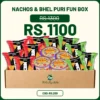 Nachos & Bhel Puri Fun Box with Miilee Bhel Puri and FM Foods Snakitos Nachos Salsa and Paprika