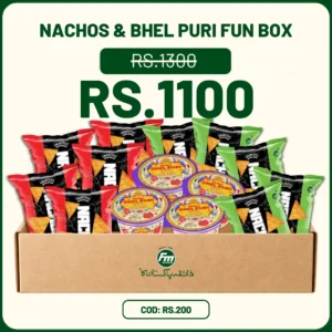 Nachos & Bhel Puri Fun Box with Miilee Bhel Puri and FM Foods Snakitos Nachos Salsa and Paprika