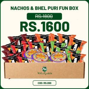 Nachos & Bhel Puri Fun Box with Miilee Bhel Puri and FM Foods Snakitos Nachos Salsa and Paprika