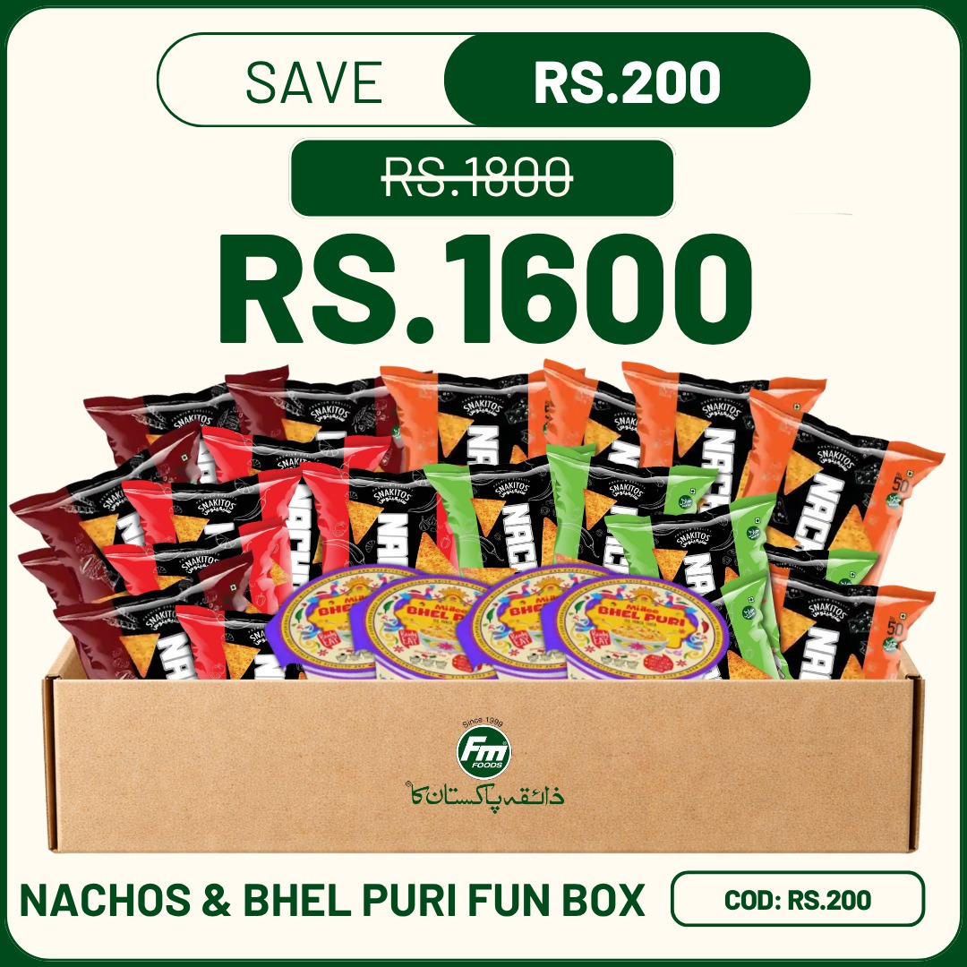 Nachos & Bhel Puri Fun Box with Miilee Bhel Puri and FM Foods Snakitos Nachos Salsa and Paprika