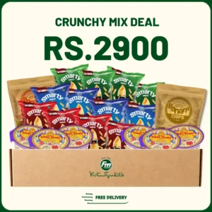 Crunchy Mix Deal snack box with achari and cheese banana chips, bhel puri, and Smarty snacks